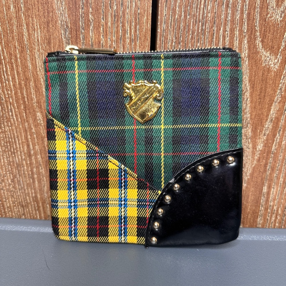 Y2K MAC Cosmetics Tartan Tale Plaid Studded Zipper Pouch Coin Purse Green Yellow